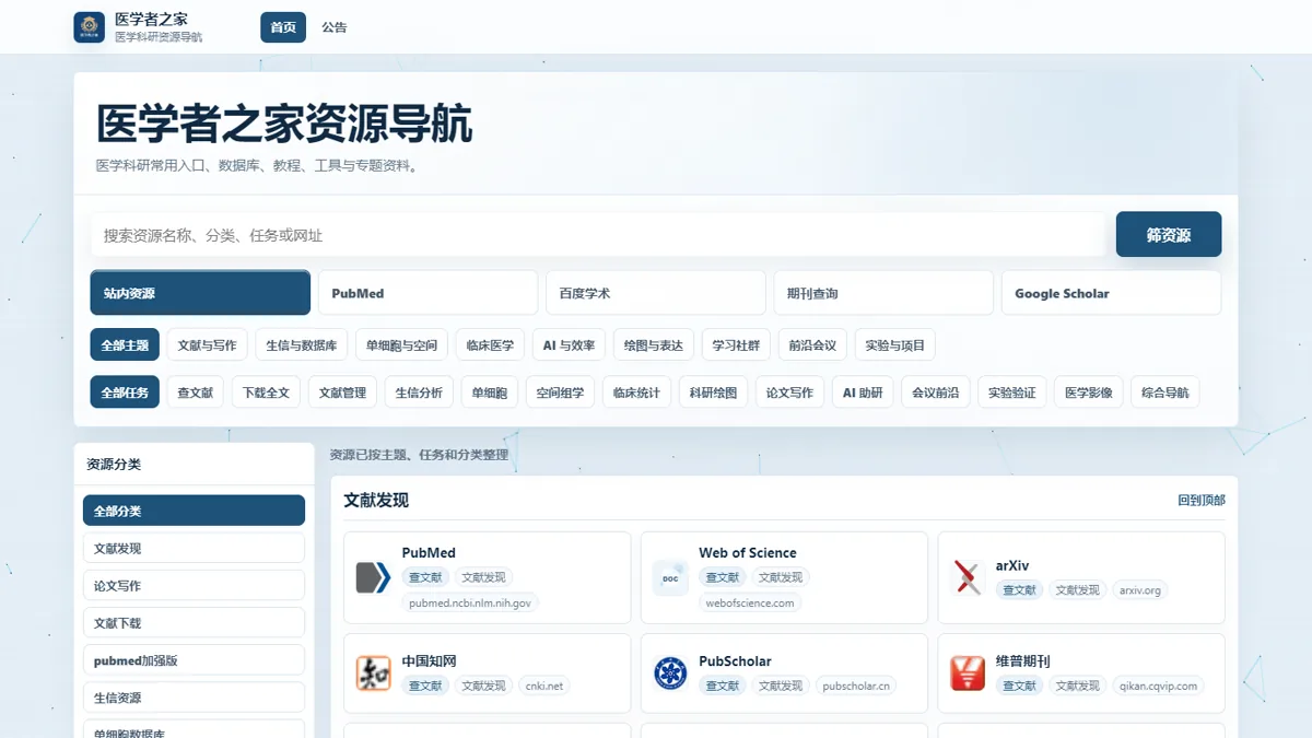 医学者之家资源导航页面实景
